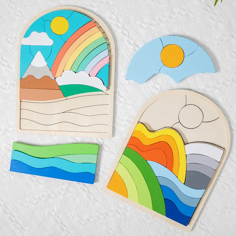 Two wooden landscape puzzles with sun, sky, and wave pieces removed
