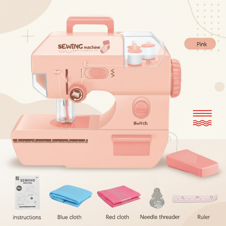 Large pink toy sewing machine with carry handle, wired controller, and sewing accessories