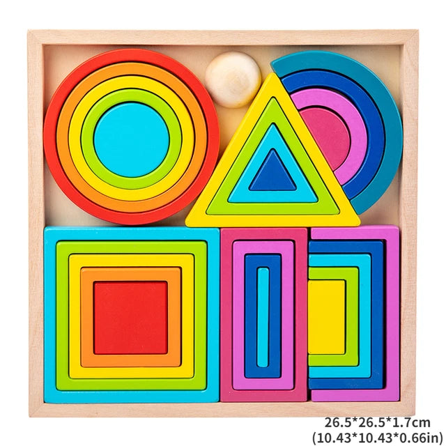 Large wooden stacking set in its tray with 26.5 x 26.5 x 1.7 cm dimensions