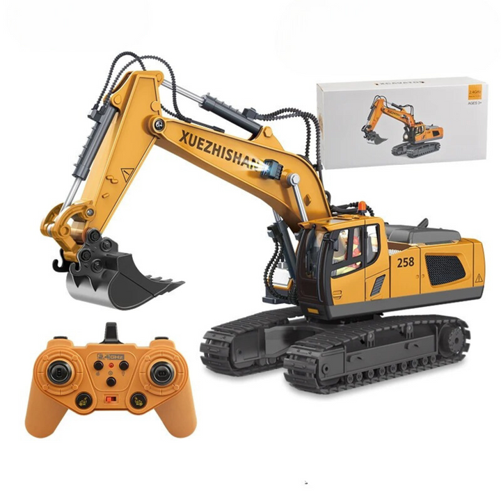 Large yellow RC excavator with articulated arm, black tracks, remote control, and box