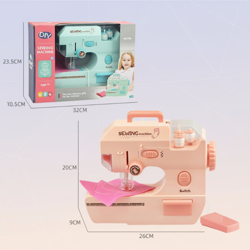 Large pink toy sewing machine and a boxed green model with product and box measurements