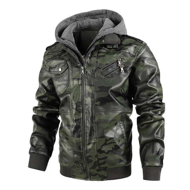 Larken — Premium Camouflage Leather Jacket with Detachable Hood (Green XS) - | Zavonix