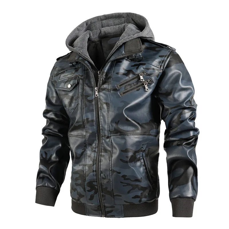 Larken — Premium Camouflage Leather Jacket with Detachable Hood (Blue XS) - | Zavonix