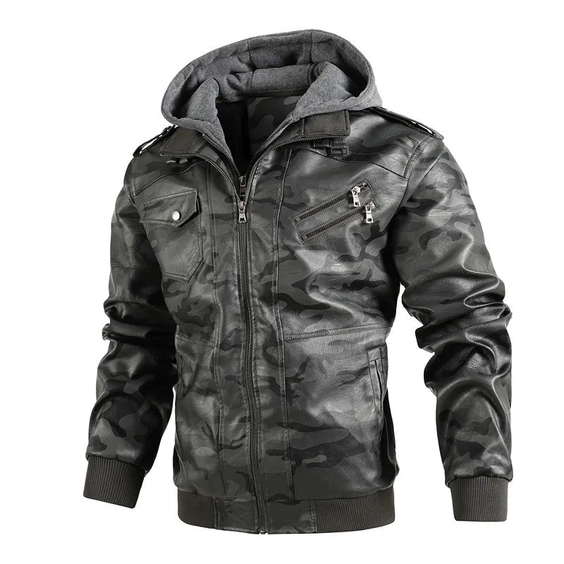Larken — Premium Camouflage Leather Jacket with Detachable Hood (Gray XS) - | Zavonix