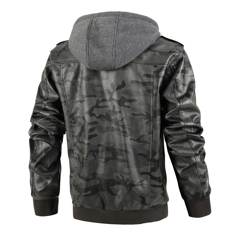 Larken — Premium Camouflage Leather Jacket with Detachable Hood (Gray XS) - | Zavonix