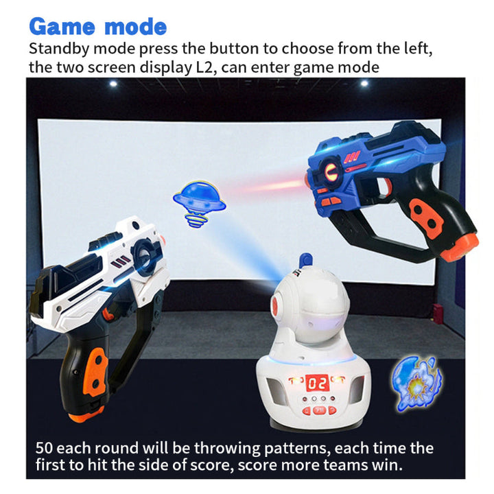 Two laser tag blasters aimed at space-themed projected targets