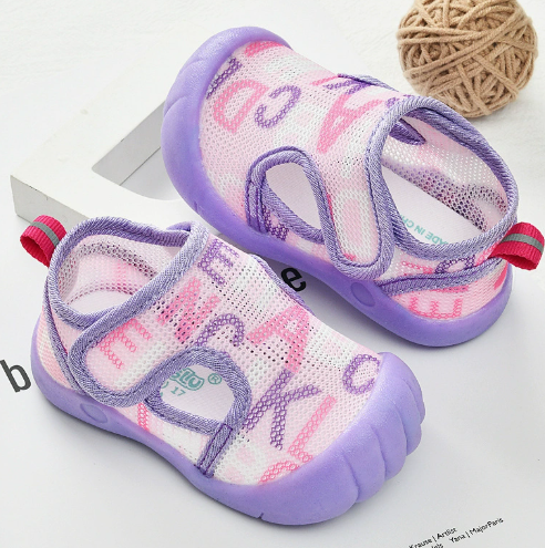 Lavender mesh sandals with pink and purple prints, purple toe caps and straps