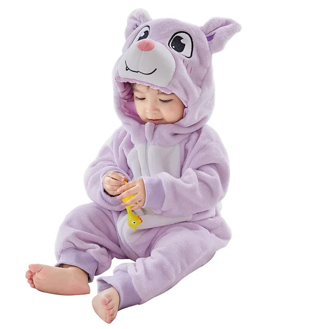 Baby seated in a lavender rabbit romper with an animal-face hood and white belly.