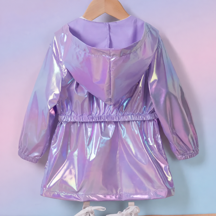 Back of a lavender iridescent raincoat showing the fixed hood and elastic waist.