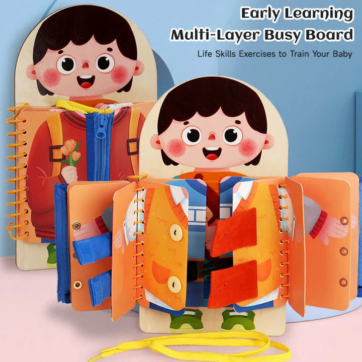 Two character activity boards showing layered panels, buttons, hook-and-loop tabs, and laces