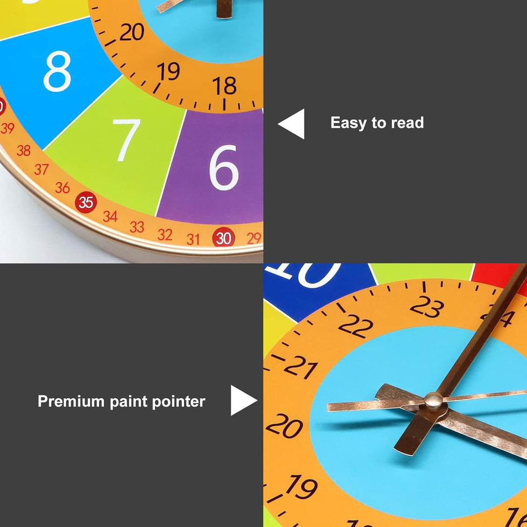 Detail views of rainbow learning clock number markings and hands