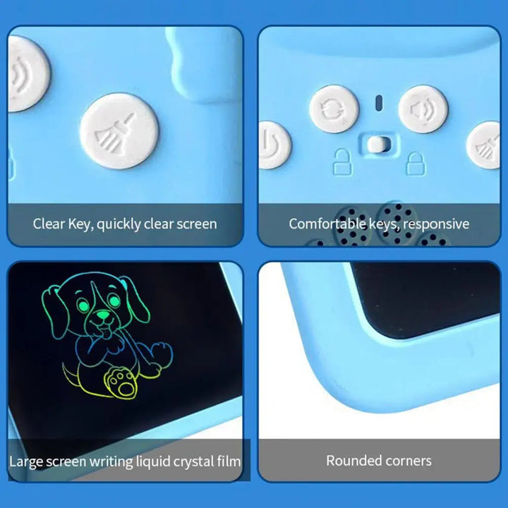 Detail views of the erase button, screen lock, LCD drawing area and rounded tablet corner