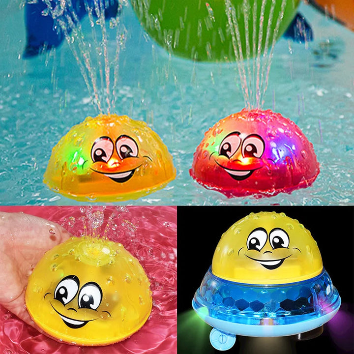 Collage showing red and yellow bath balls spraying water, glowing, and displayed on a blue base
