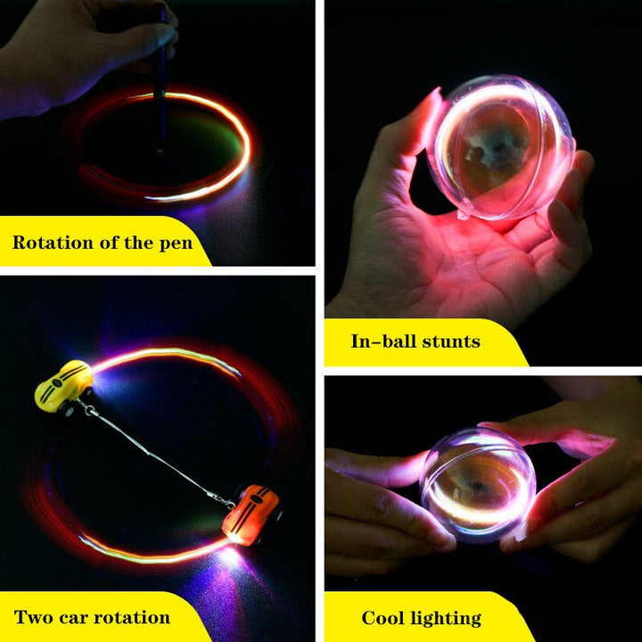 Stunt car demonstrations showing LED light trails and play inside a clear ball