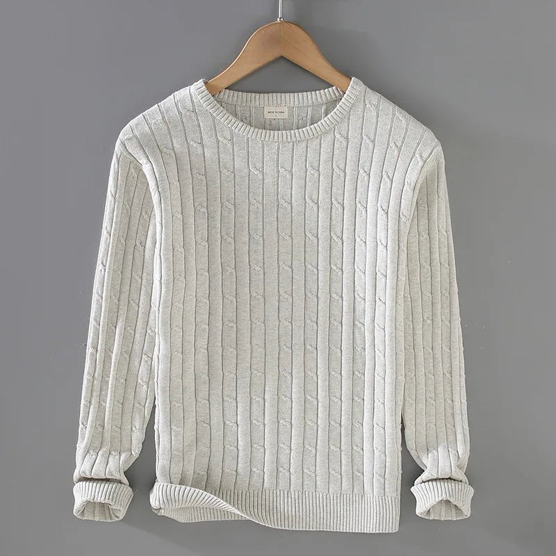 Lenaro — Lightweight Cotton Cable - Knit Sweater with Soft Texture (Light Gray S) - | Zavonix