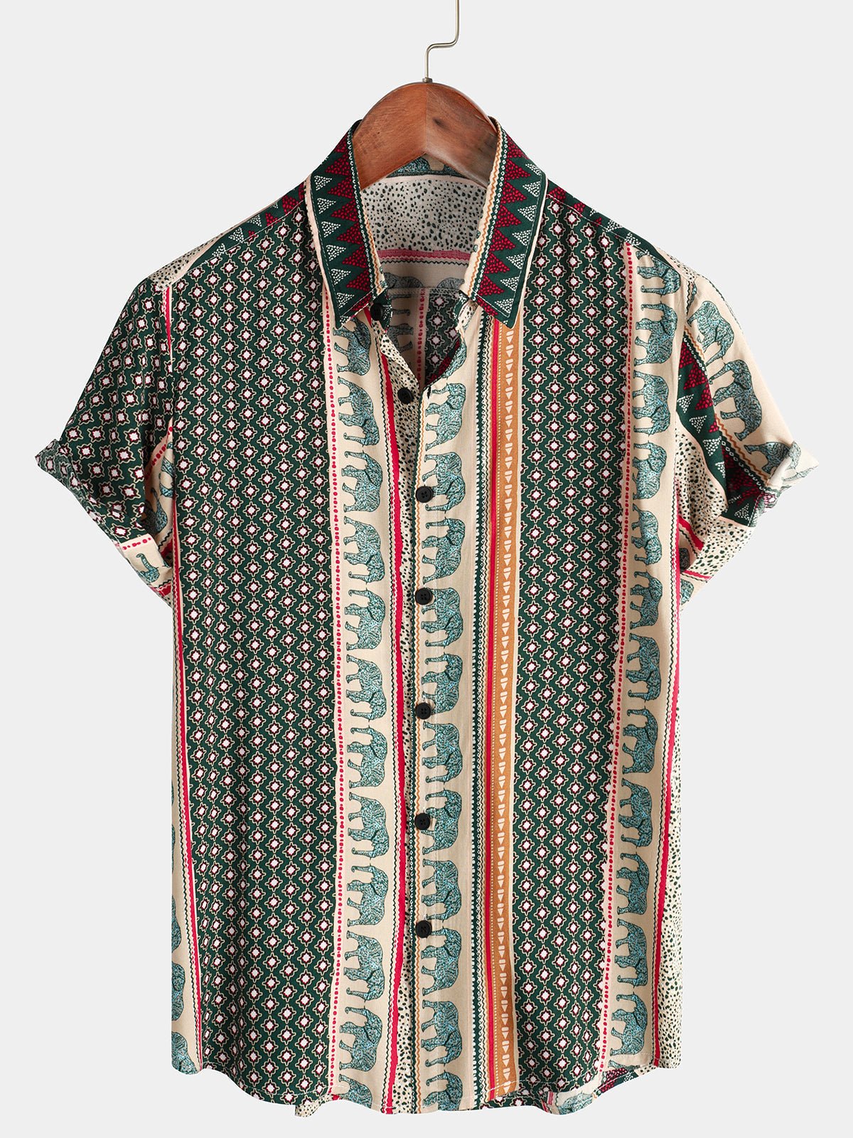 Lennox — Men's Lightweight Viscose Shirt with Retro Elephant Print (Green S) - short | Zavonix
