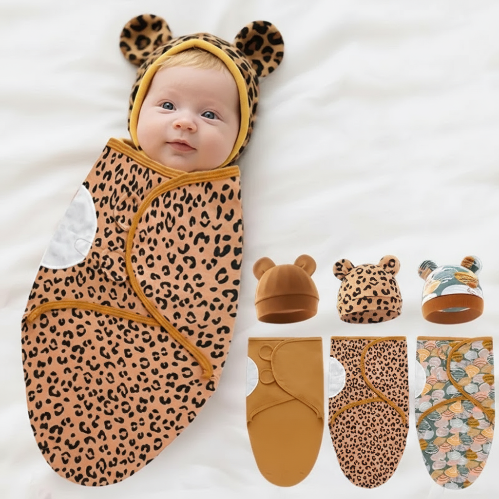 Leopard-print baby wrap and rounded-ear hat, with additional wrap and hat designs shown alongside.