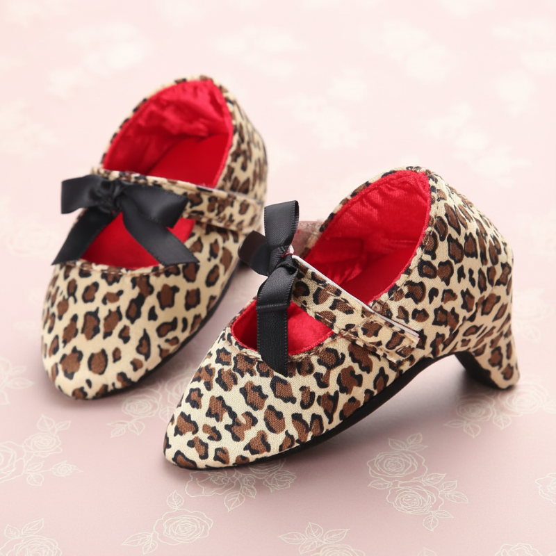 Leopard-print baby shoes with black bows and red lining