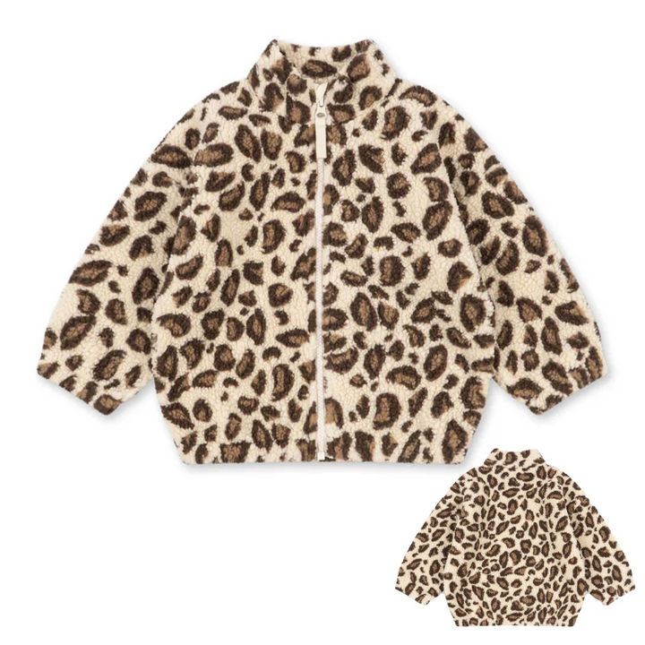 Leopard-print fleece jacket with a front zipper and a smaller back view