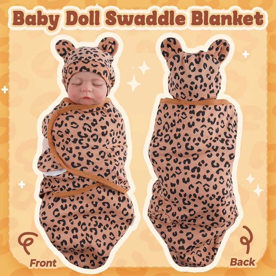 Front and back views of a leopard-print wrap, shown on a doll wearing the matching ear-detail hat.