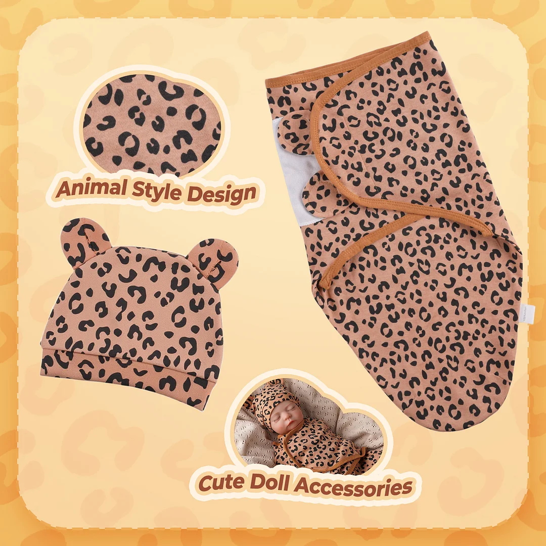 Leopard-print wrap and rounded-ear hat with a fabric-pattern close-up and small doll inset.