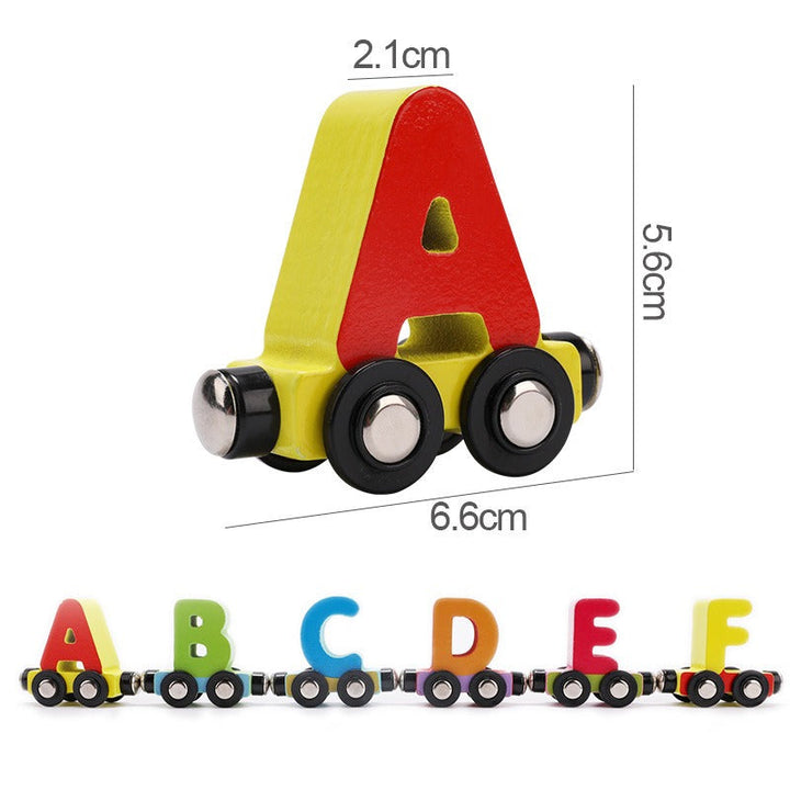 Wooden letter A train car measuring 6.6 x 5.6 x 2.1 cm, with an A-F train shown below.