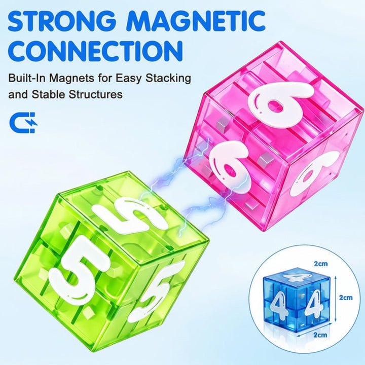 Green letter and pink number cubes with a close-up showing the 2 cm cube dimensions
