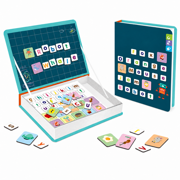Letters magnetic puzzle book with letter tiles, word examples, and picture cards