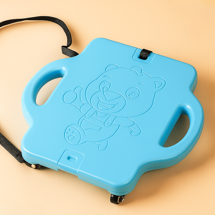 Light blue scooter board with side handles, a bear design, caster wheels, and an attached black pull rope
