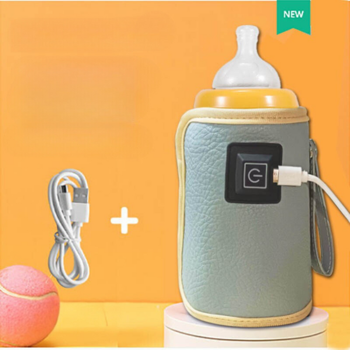 Light blue bottle warmer with yellow trim, a feeding bottle, and USB cable.