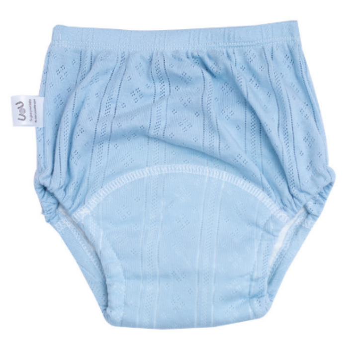 Light blue cotton training pants with a curved absorbent front panel and elastic waistband.