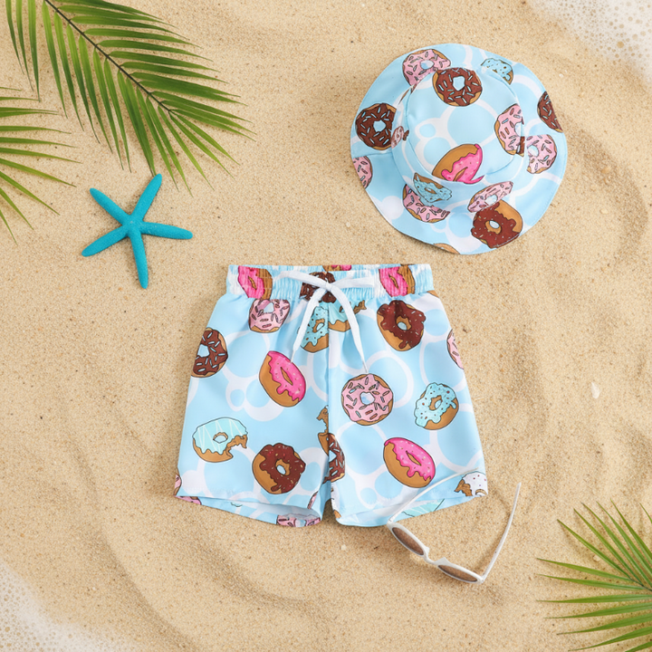 Light blue donut-print swim trunks with a matching bucket hat