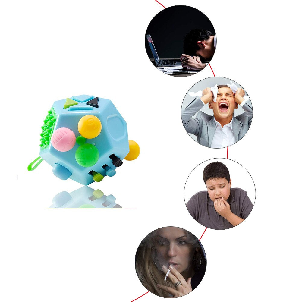 Light blue fidget cube beside a collage of a child and adults
