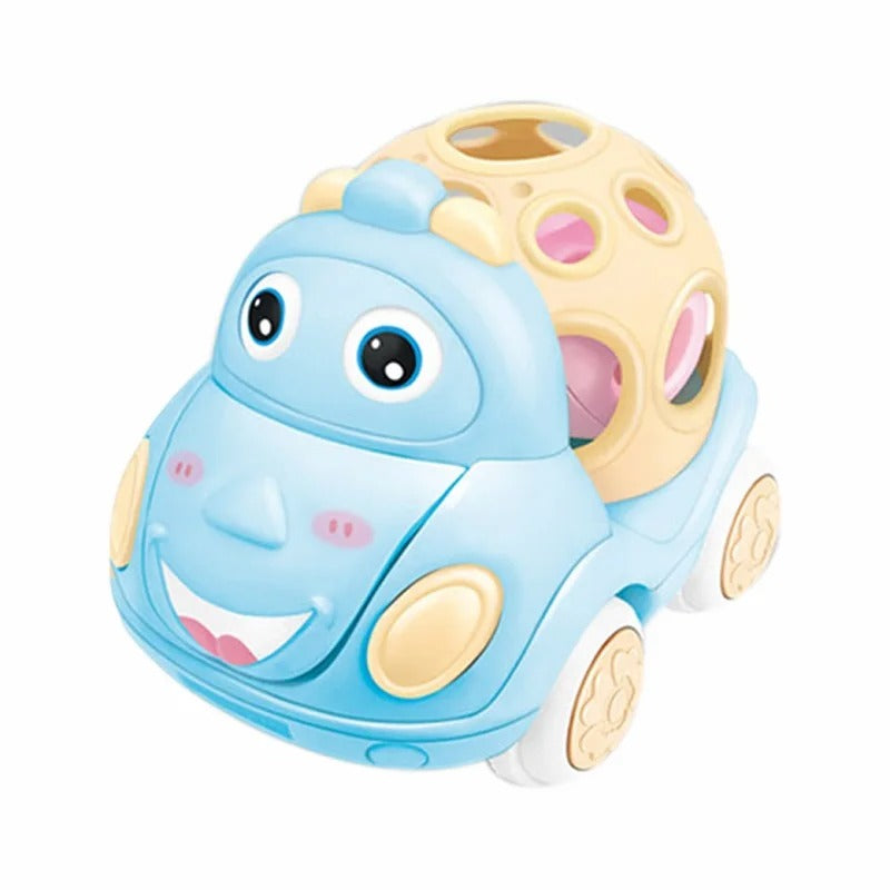 Light blue hippo toy car with a cream open top and white wheels