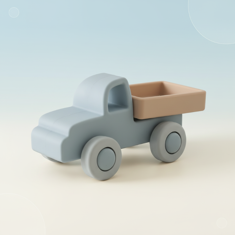 Light blue pickup truck toy with a tan bed and pale wheels