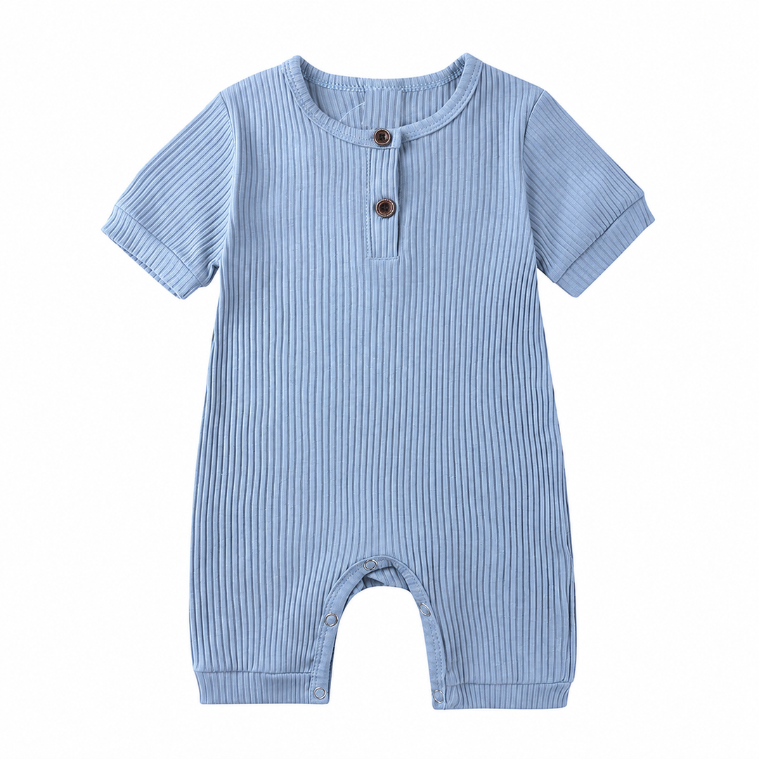 Light blue cotton baby romper with short sleeves and ribbed texture