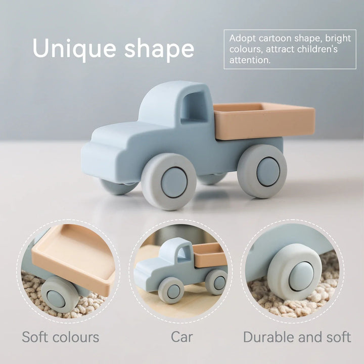 Light blue silicone toy truck with a beige bed and close-ups of its body and wheels