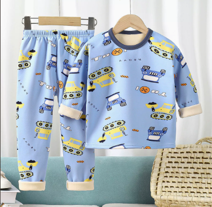 Light blue fleece pajama top and pants with yellow and blue vehicle prints