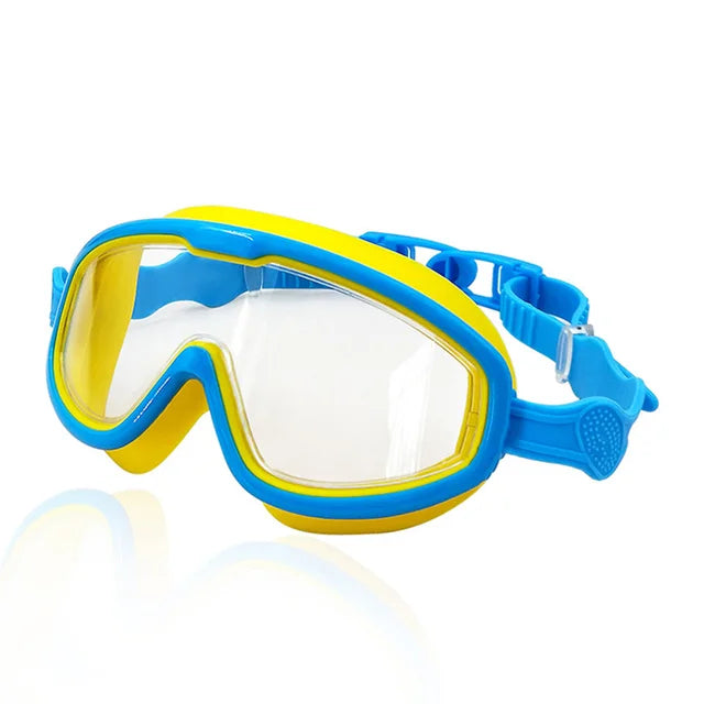 Light blue and yellow kids' swimming goggles with a wide clear lens
