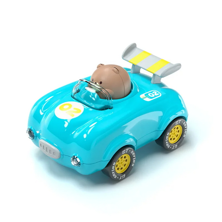 Light cyan toy race car with bear driver, yellow wheel centers and yellow-striped rear spoiler