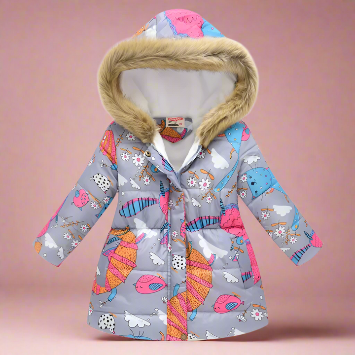 Light gray hooded winter coat with colorful cartoon prints and fluffy trim