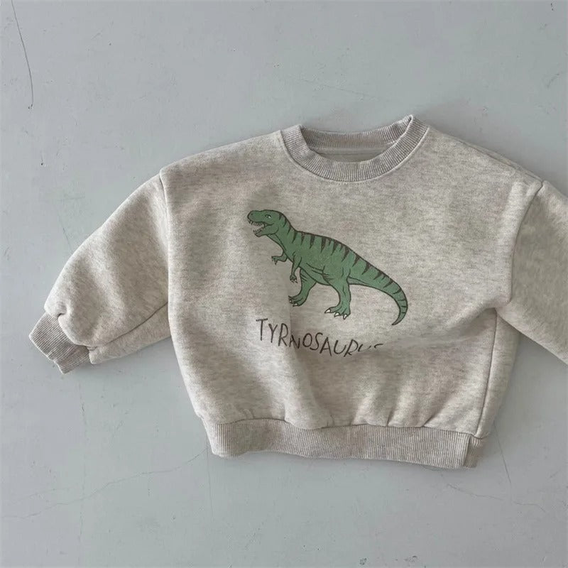 Light gray crewneck sweatshirt with a green tyrannosaurus graphic