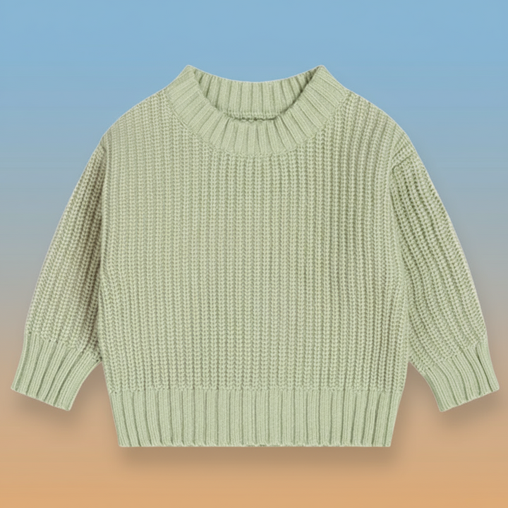 Light green long-sleeve knit sweater with a round neck and ribbed trim.
