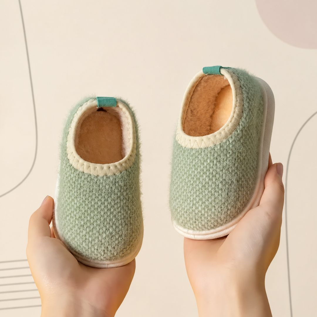 Light green textured slip-on slippers with cream-colored trim and white soles