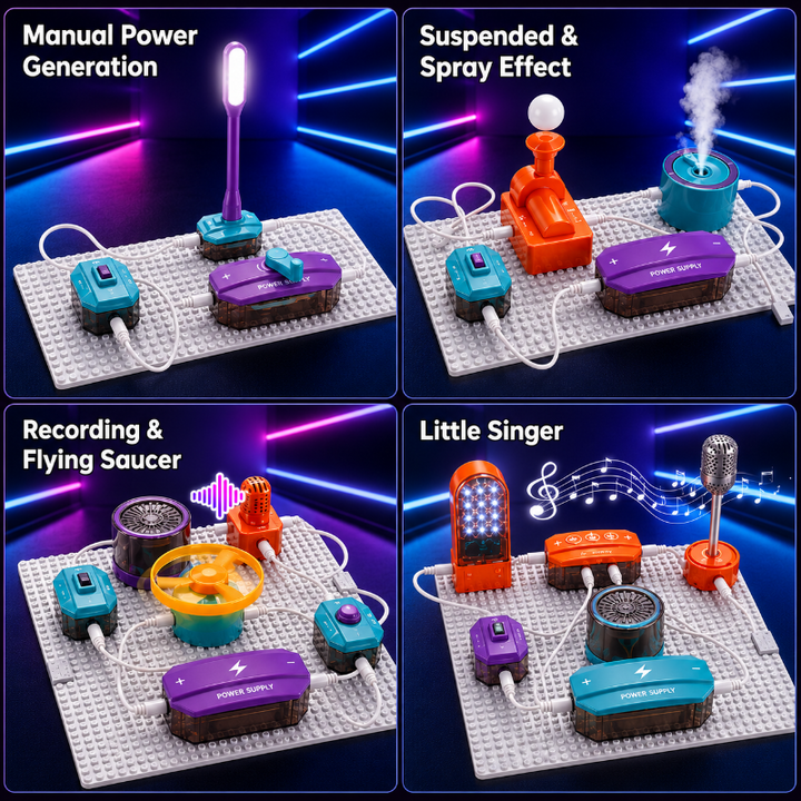 Four circuit projects featuring manual power, suspended ball, mist, recording, and microphone modules