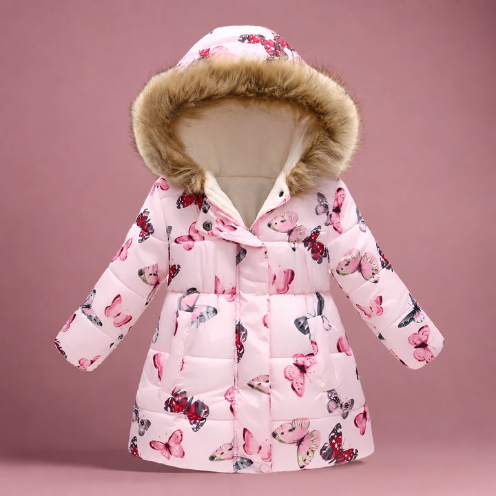 Light pink quilted winter coat with butterfly print and fluffy hood trim