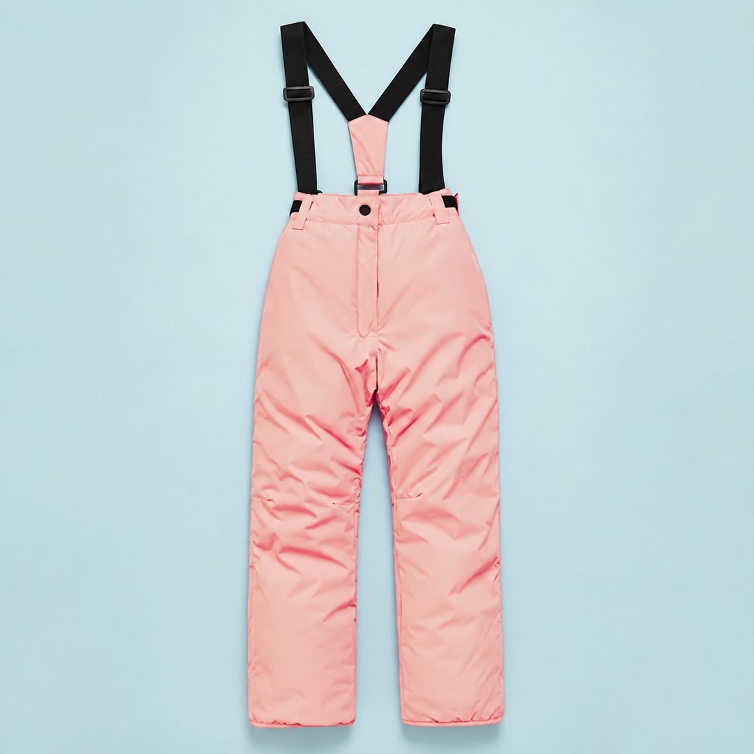 Light pink ski pants with black suspenders and a snap-button waist