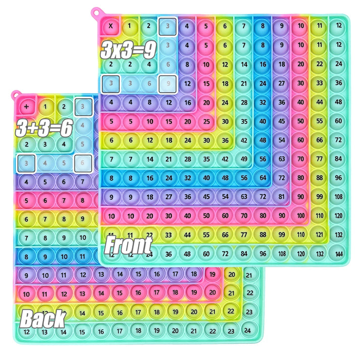 Light rainbow math fidget board showing multiplication on the front and addition on the back