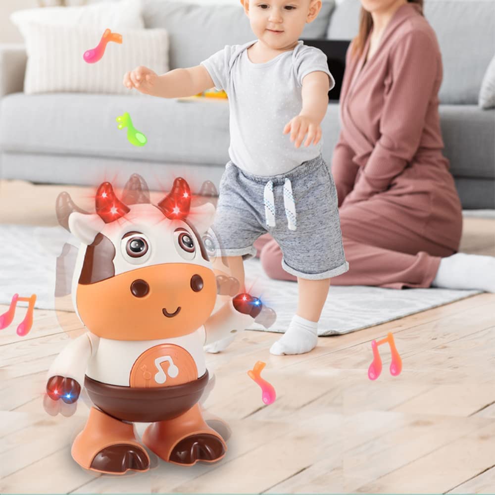 Child standing near a light-up cow toy with an adult seated nearby