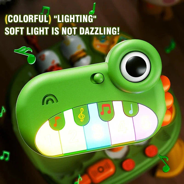 Close-up of the frog-shaped piano with glowing multicolored keys
